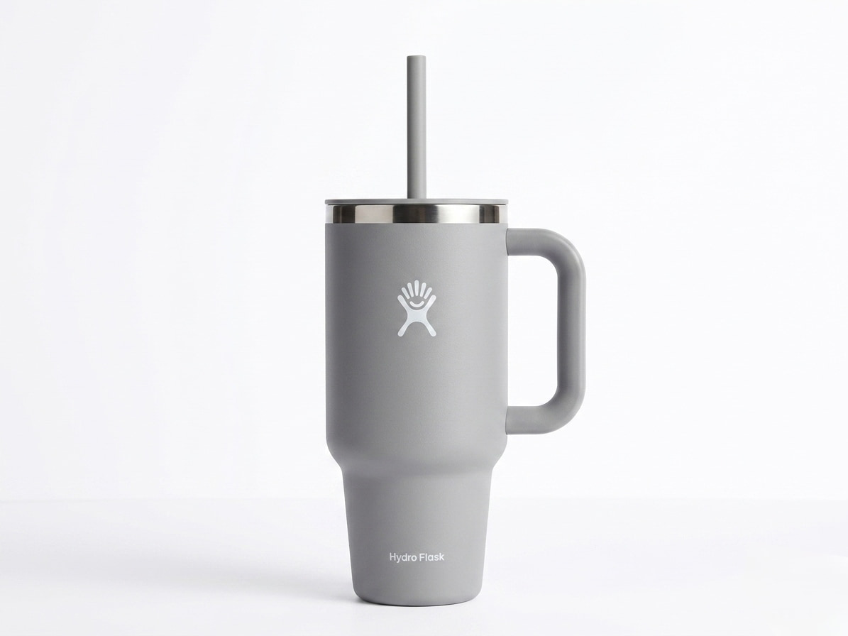 950ML TRAVEL TUMBLER WITH HANDLE, LID AND STRAW - INSULATED STAINLESS STEEL