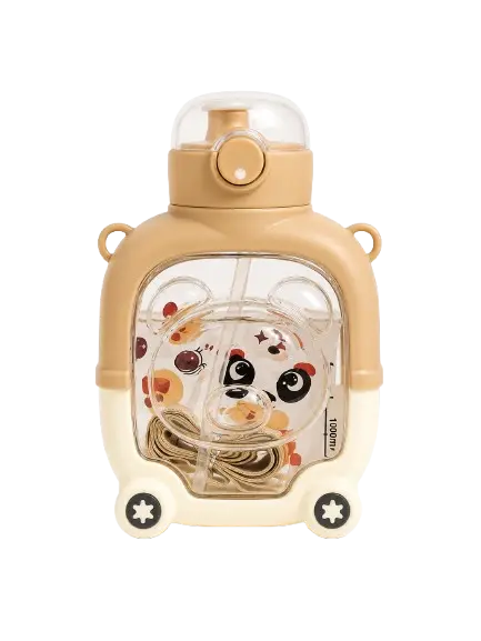 Kids Cartoon Bear Water Bottle 450ml with Straw & Carry Strap