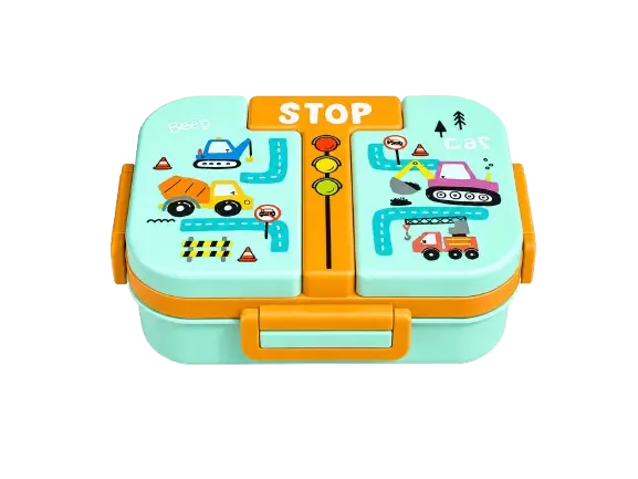 Kids 3 Compartment Lunch Box with Spoon | Cartoon Vehicle Print Tiffin Box for School | Lightweight & Portable (Multicolor)